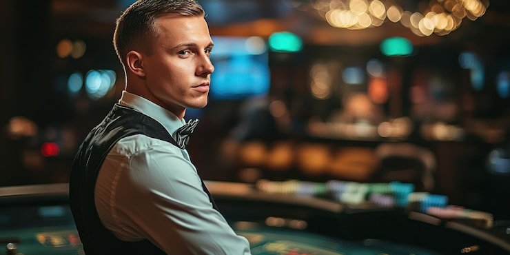 Dealer kasino langsung sedang mengatur kartu dan berinteraksi dengan pemain online